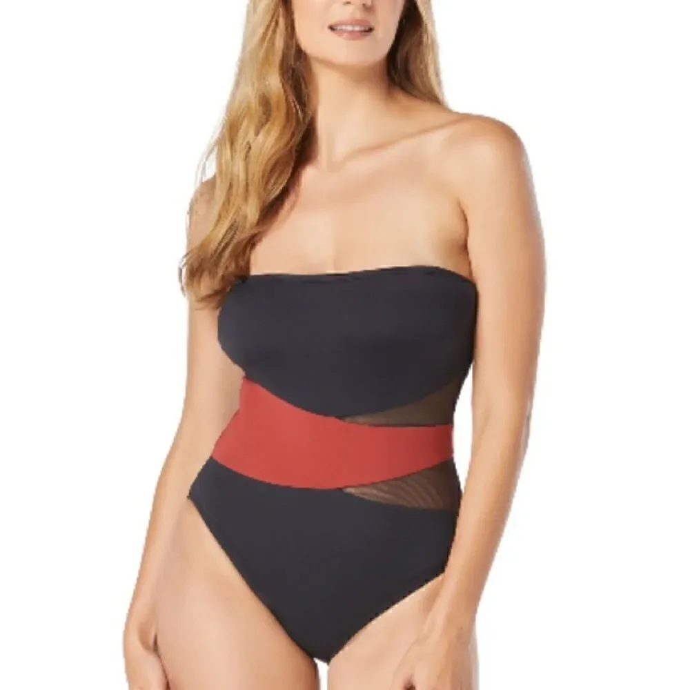 Coco Reef Women's Contours Bandeau Mesh Tummy-Control One-Piece Swimsuit Spice